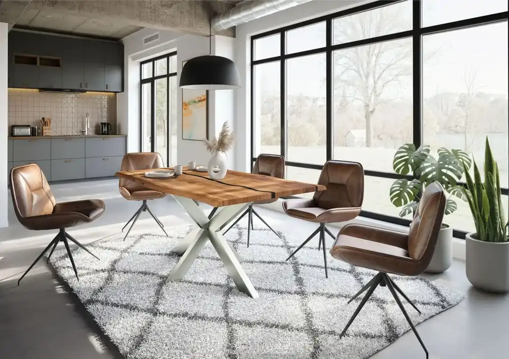 Baumtisch Akazie 180x90x74 natur lackiert / Epoxid schwarz, Kreuzgestell silber matt EPOXY Nur Heute