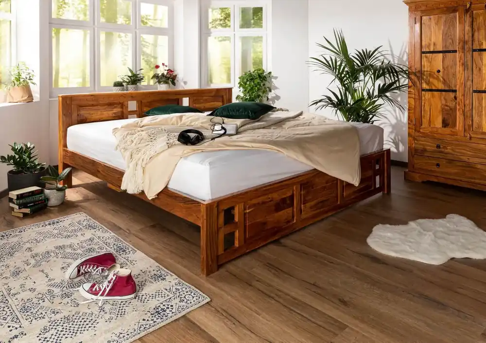 Billig Bett Akazie 180x200x90 honig lackiert OXFORD #0253