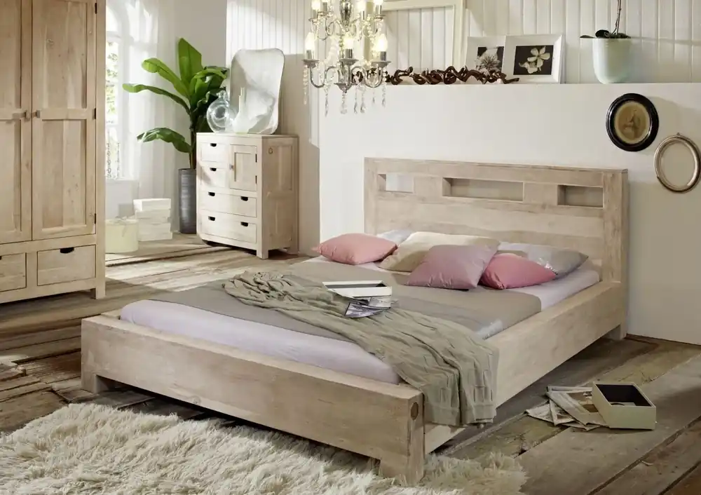 Bett Akazie 180x200x90 white stone getüncht NATURE WHITE #202 Bestseller