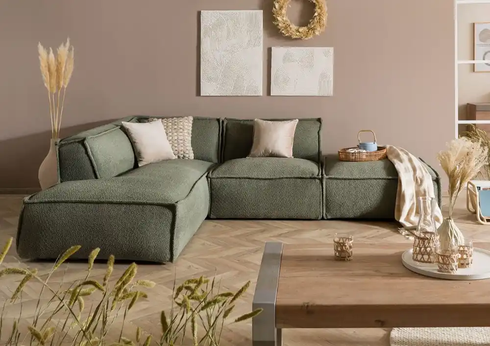 Geprüft Ecksofa inkl. Hocker 195x220x79 Polyester grün RAVENNA