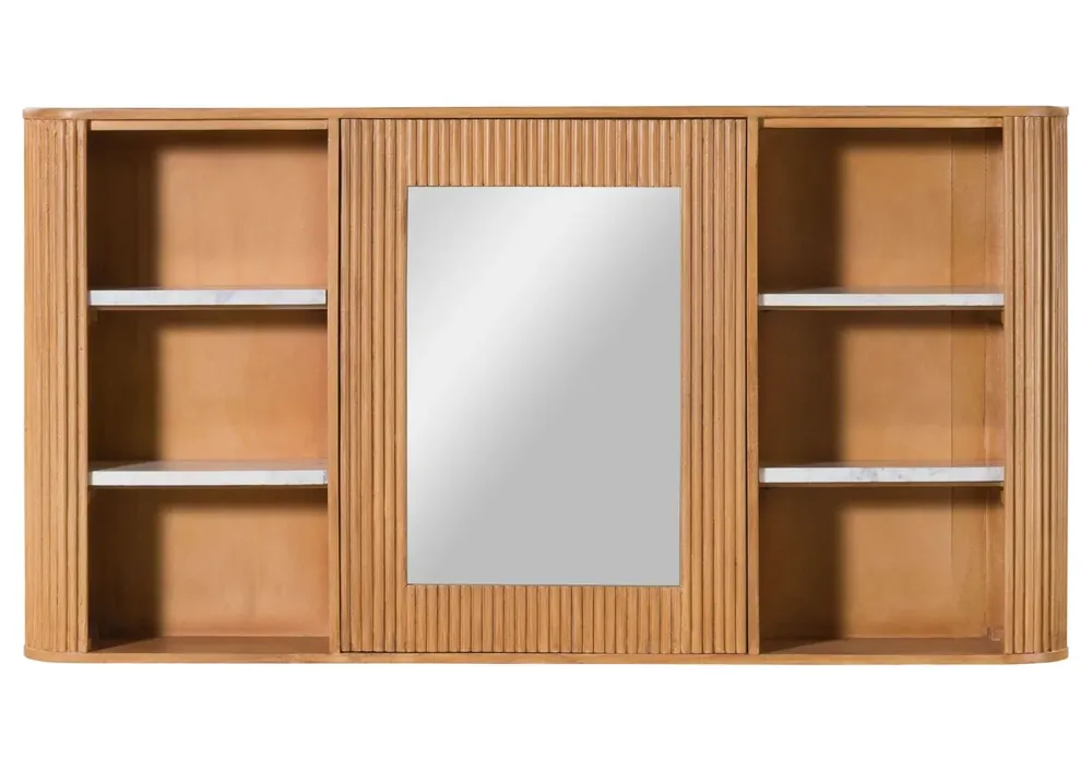 Letzte Chance Spiegelschrank Mango 145x20x75 natur lackiert / Marmor weiß BARCELONA #546
