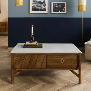 Couchtisch Mango 100x60x45 braun geölt / echter Marmor LOS ANGELES #05 Preiswert