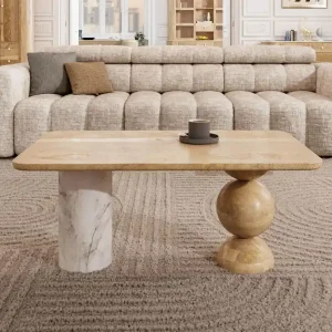 Couchtisch Mango 100x60x45 natur lackiert / Marmor weiß FLORENZ #105 Mega-Angebot