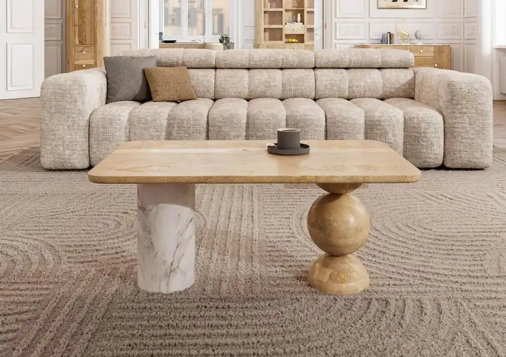 Couchtisch Mango 100x60x45 natur lackiert / Marmor weiß FLORENZ #105 Mega-Angebot