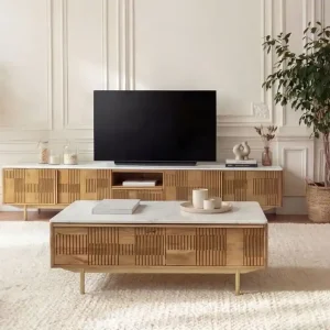 Meistverkauft Couchtisch Mango 120x60x45 hellbraun geölt / Marmor weiß MIAMI #110