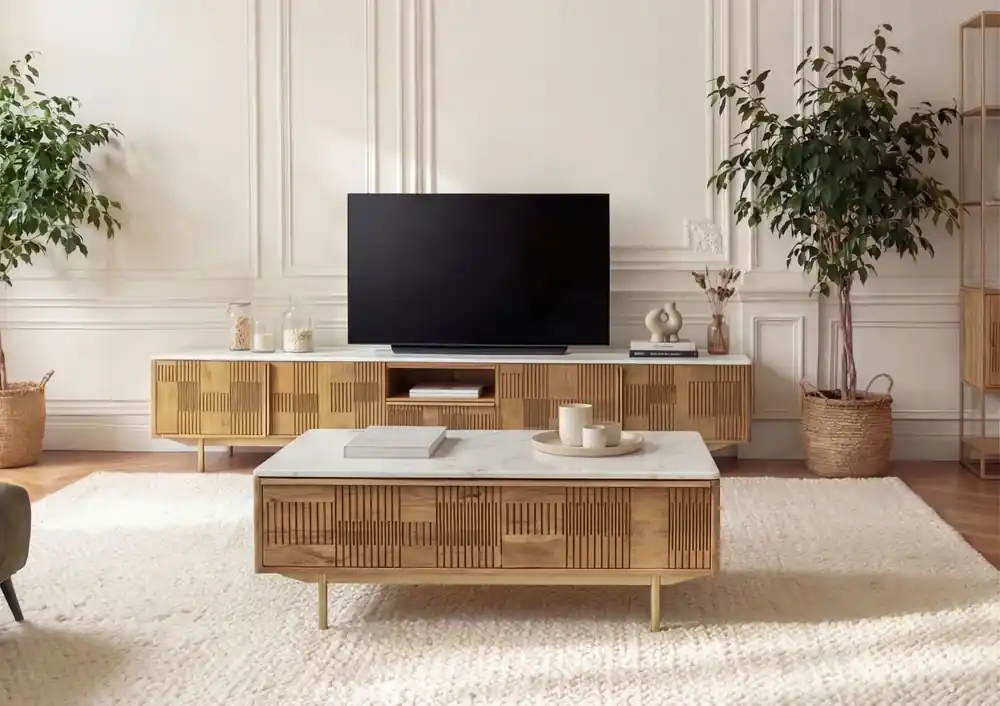 Meistverkauft Couchtisch Mango 120x60x45 hellbraun geölt / Marmor weiß MIAMI #110