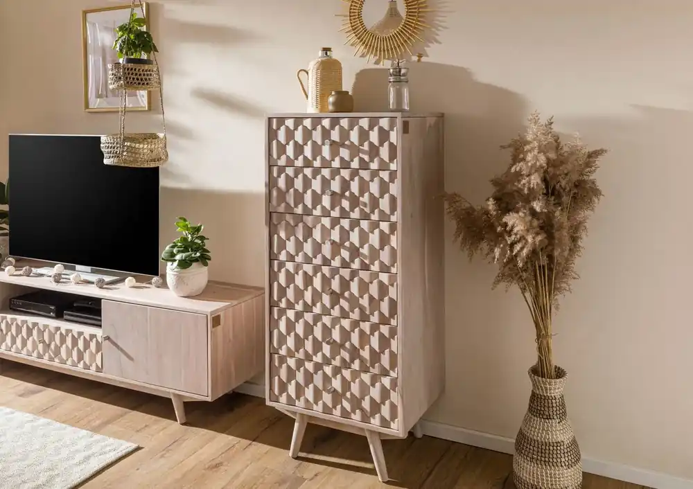 Kommode Akazie 53x42x125 weiß lackiert MOSAYK #208 Versand Am Gleichen Tag