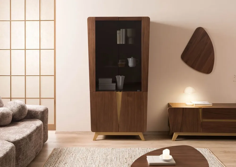 Sonderaktion Vitrine Nussbaum-Echtholzfurnier 100x40x200 braun lackiert BUTTERFLY #100