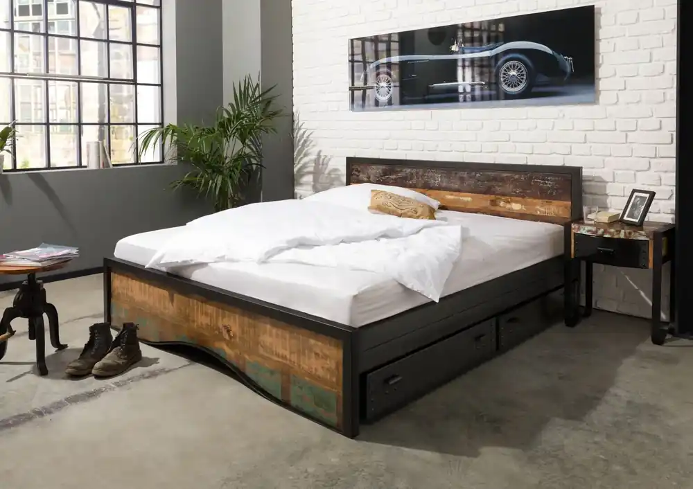Bett mit Bettkasten Altholz 180x200 mehrfarbig lackiert INDUSTRIAL #109 Highlight