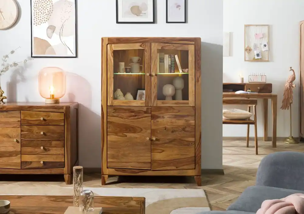 Saisonangebot Highboard Sheesham 100x45x150 braun lackiert ANCONA #130