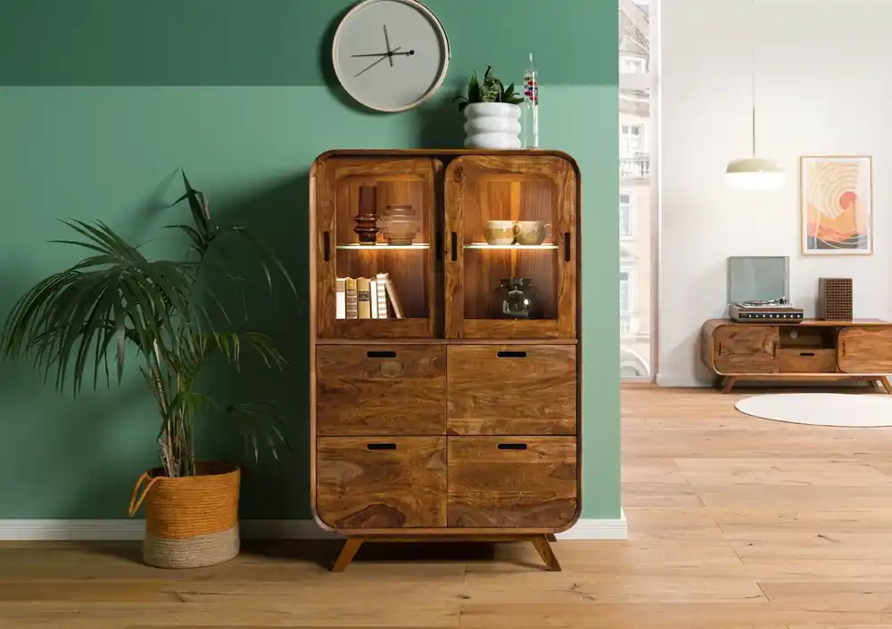 Highboard Sheesham 90x40x140 hellbraun lackiert MAILAND #120 Neu