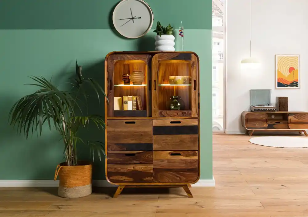 Beliebt Highboard Sheesham 90x40x140 dunkelbraun lackiert MAILAND #220