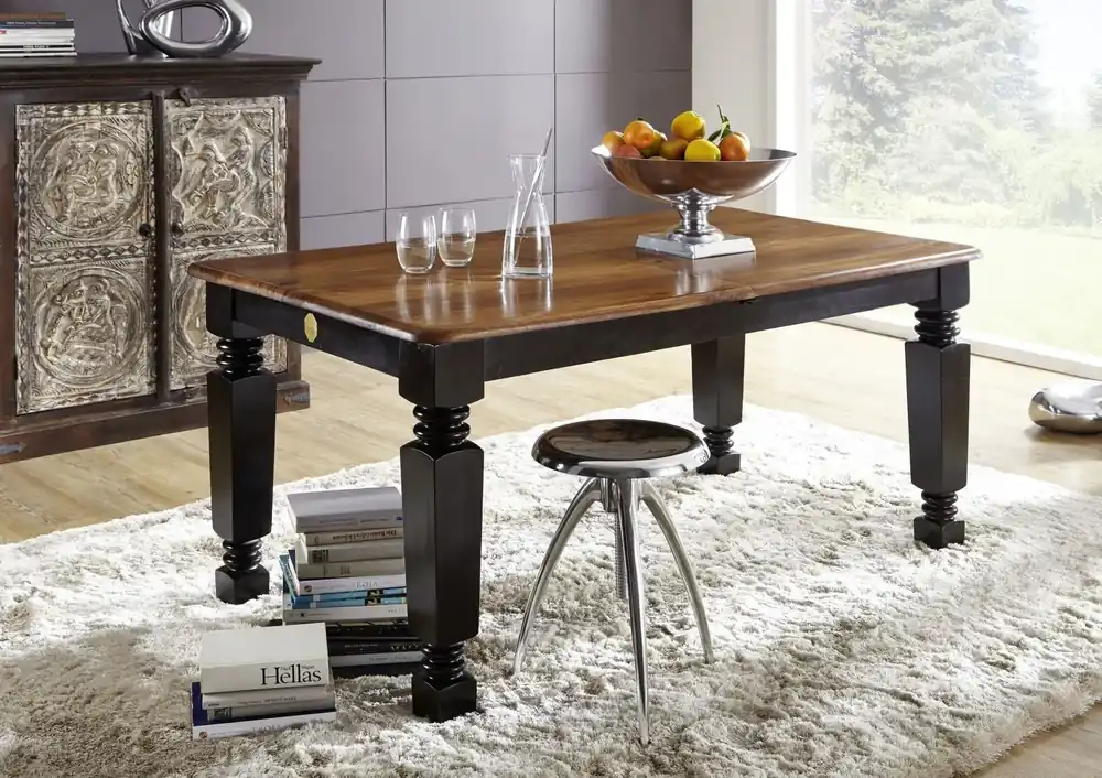 Geprüft Esstisch mit Auszug Sheesham 140-180x90x76 schwarz/braun lackiert NEW BOSTON #151