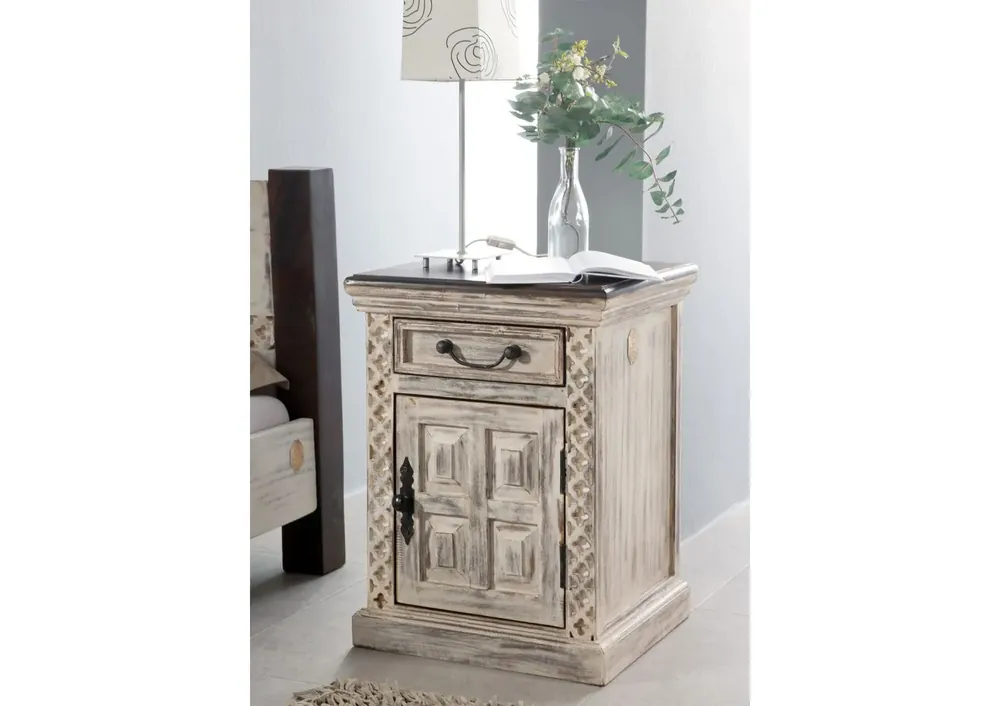 Angebot Nachttisch Mango / Akazie 45x40x60 weiß gewachst CASTLE-ANTIK #259