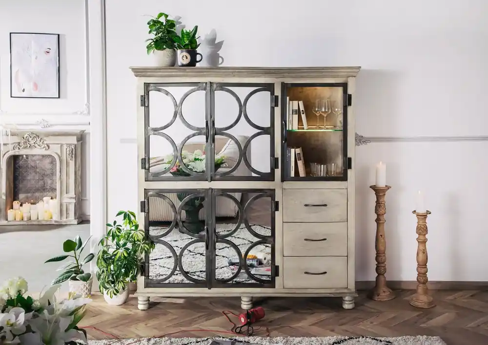 Geprüft Highboard Mango 150x45x160 grau lackiert HERMITAGE #015