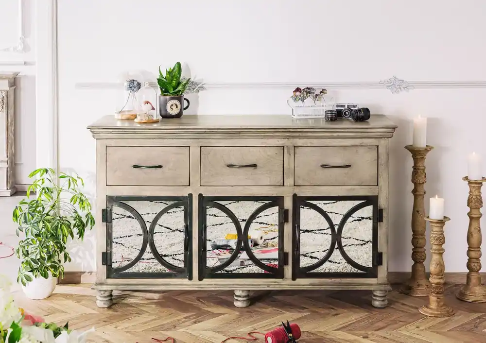 Sideboard Mango 150x45x92 grau lackiert HERMITAGE #014 Knallerangebot