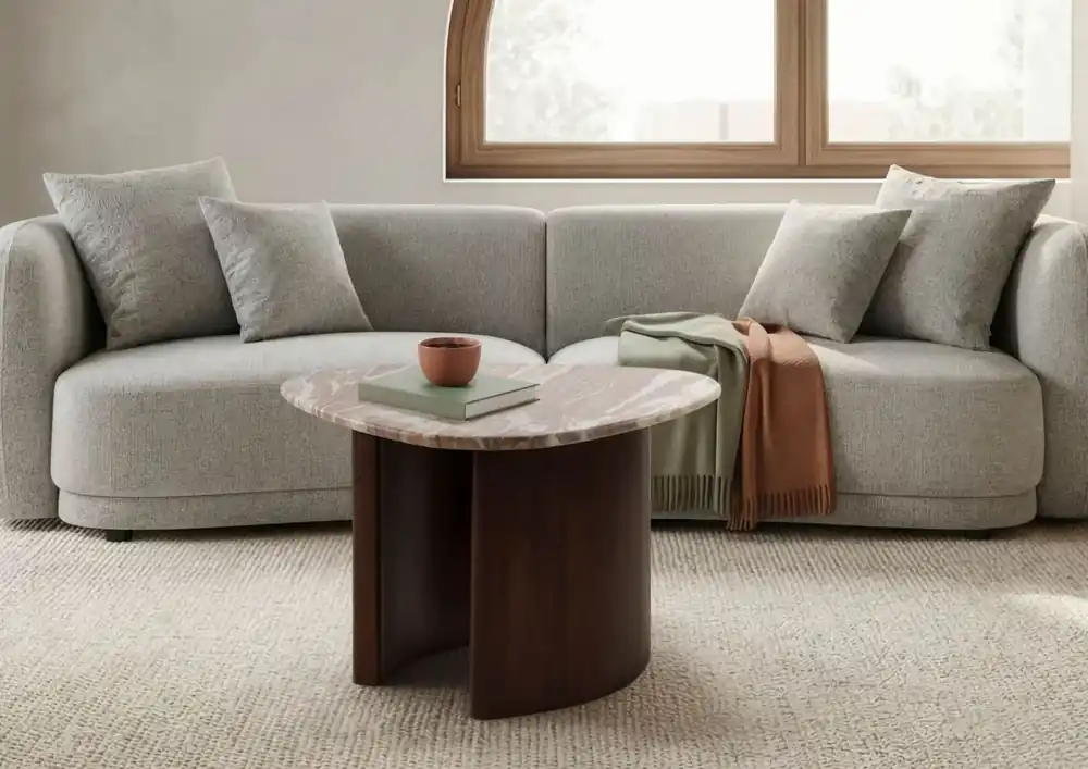 Echt Couchtisch Akazie 70x65x35 braun lackiert / Marmor beige ORGANIC COLLECTION #35