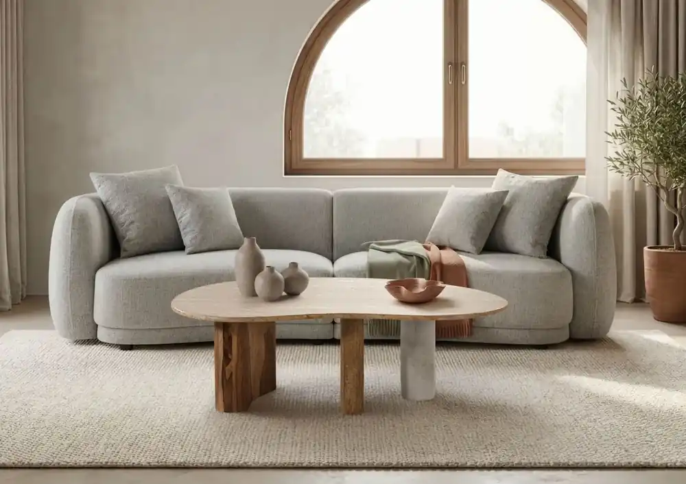 Couchtisch Sheesham 100x65x31 natur sandgestrahlt lackiert / Marmor weiß ORGANIC COLLECTION #31 Echt