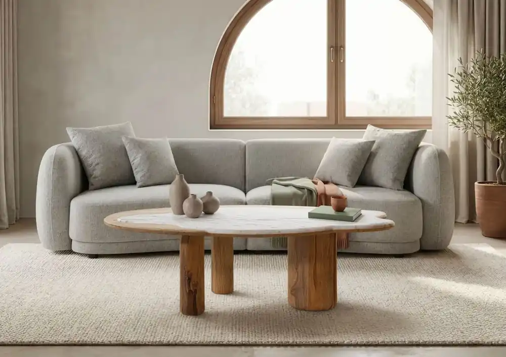 Couchtisch Sheesham 120x70x35 natur sandgestrahlt lackiert / Marmor weiß ORGANIC COLLECTION #30 Echt