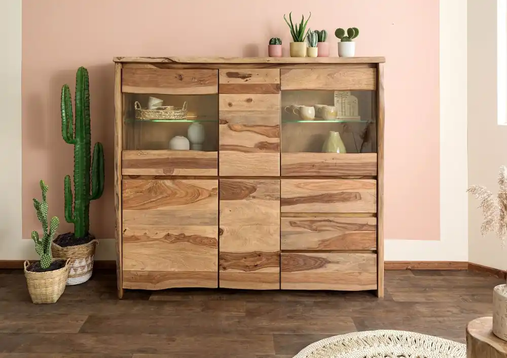 Letzte Chance Highboard Sheesham 166x48x145 natur lackiert / sandgestrahlt PURE SHEESHAM #200