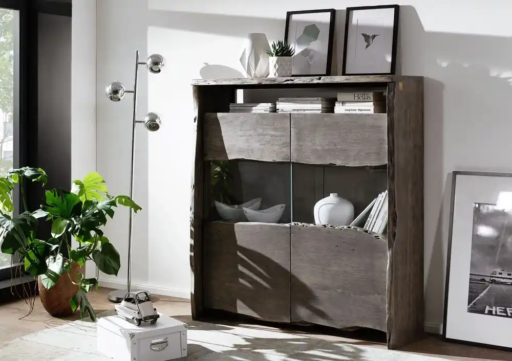 Highboard Akazie 131x45x147 grau lackiert PURE ACACIA #407 Wochenendangebot