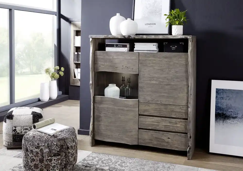 Billig Highboard Akazie 131x45x147 grau lackiert PURE ACACIA #903