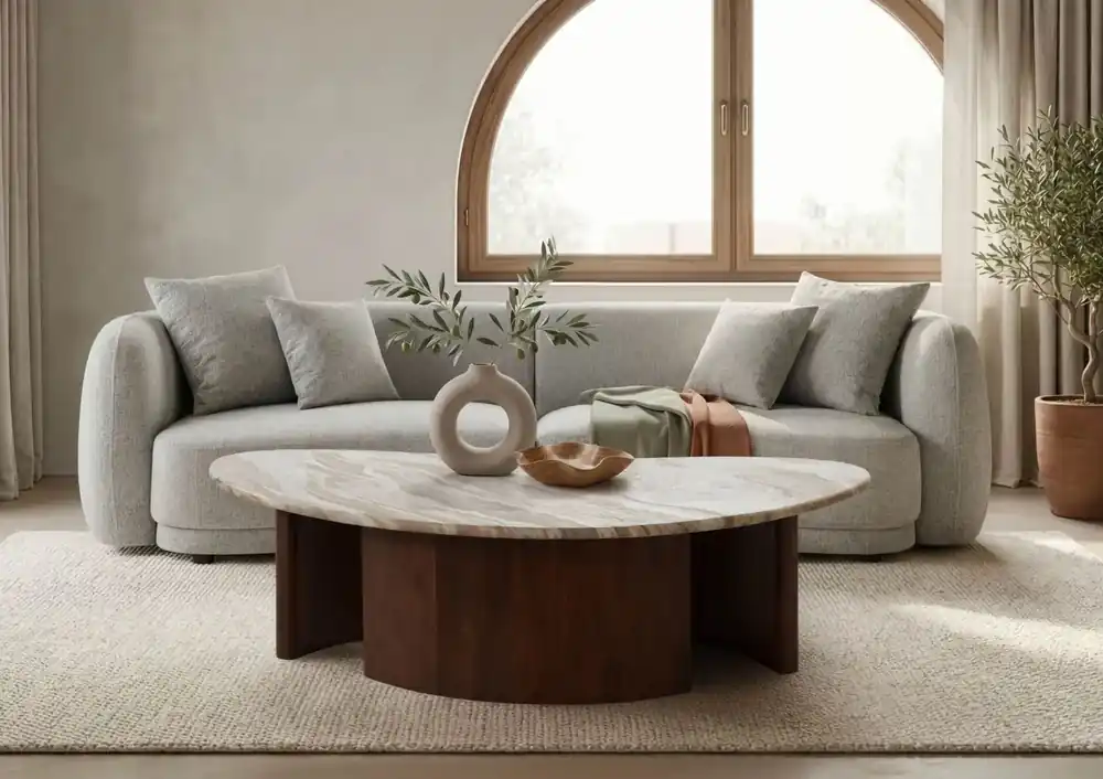 Zertifiziert Couchtisch Akazie 130x65x31 braun lackiert / Marmor beige ORGANIC COLLECTION #34