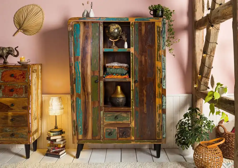 Schneller Versand Highboard Altholz 115x40x170 mehrfarbig lackiert SIXTIES #108