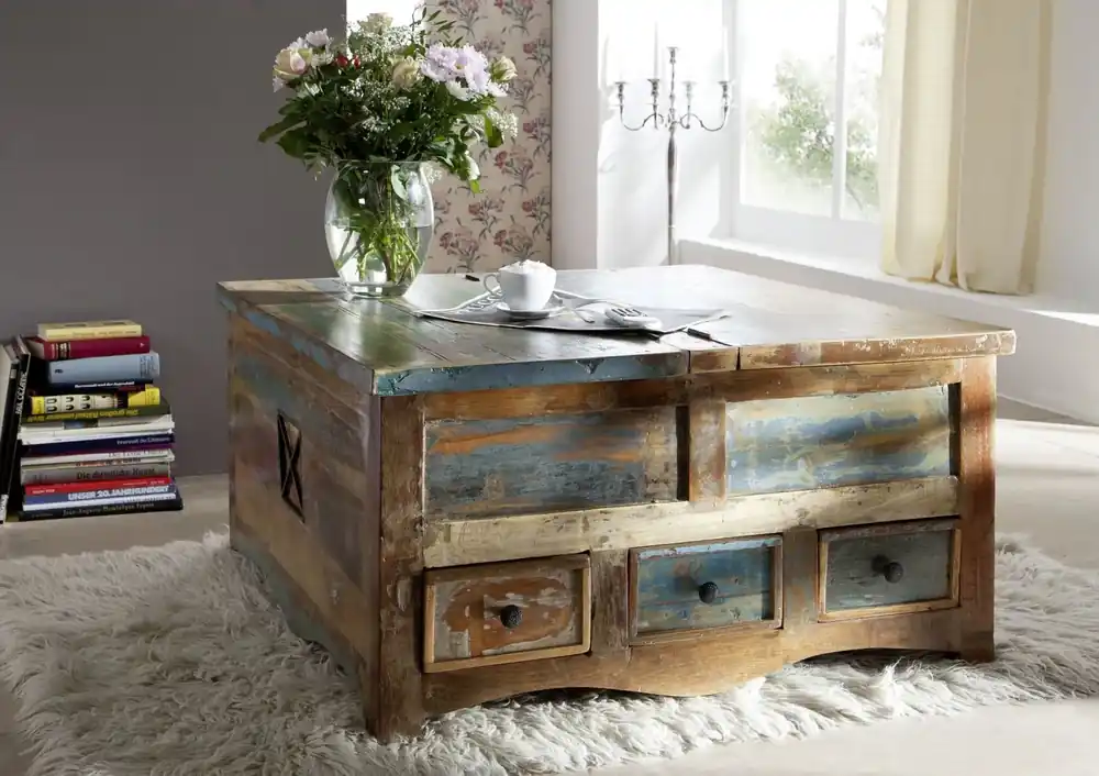 Sonderaktion Couchtisch Altholz 100x100x50 mehrfarbig lackiert NATURE OF SPIRIT #62