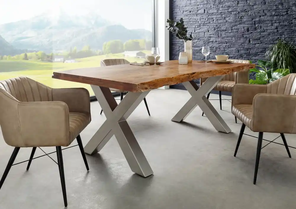 Baumtisch Akazie 180x90x77 Akazie natur lackiert / X-Beine silber matt FREEFORM 5 Super-Preis
