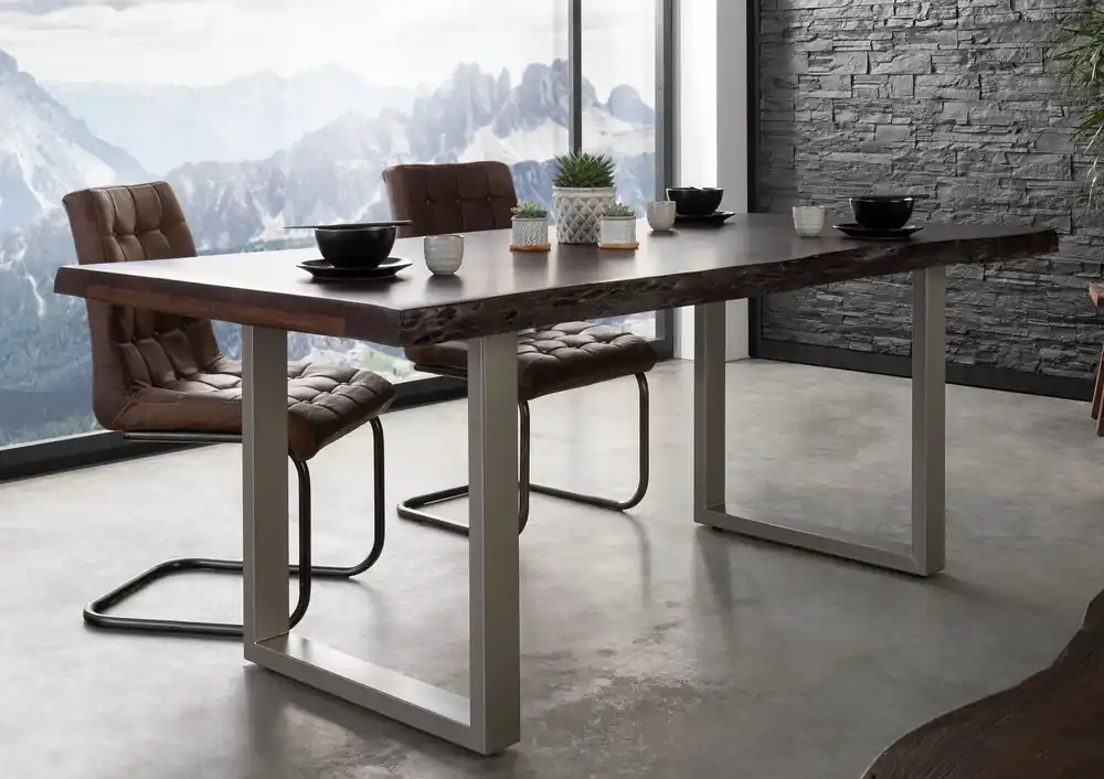 Baumtisch Akazie 180x90x77 braun lackiert / U-Beine silber matt FREEFORM 5 Letzte Chance
