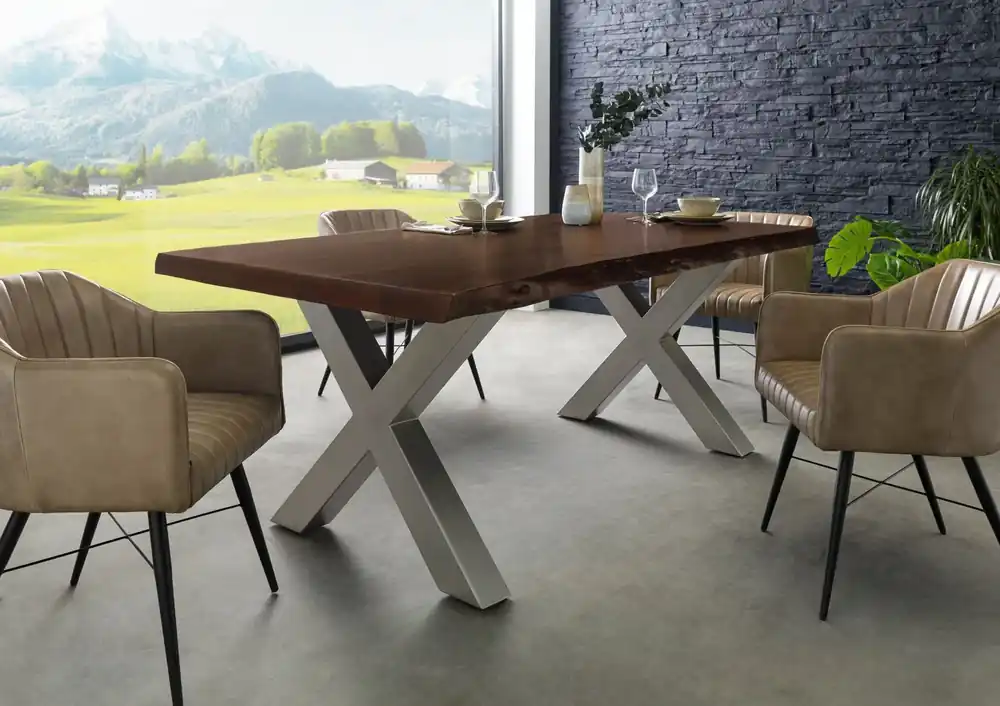 Jetzt Bestellen Baumtisch Akazie 180x90x77 braun lackiert / X-Beine silber matt FREEFORM 5