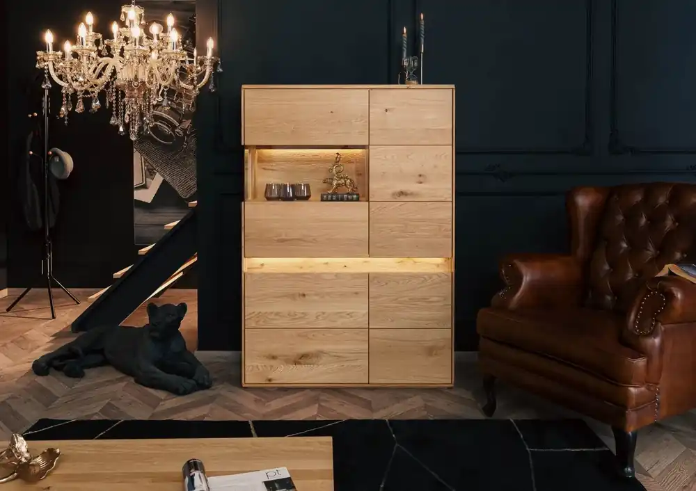 Expressversand Highboard Wildeiche inkl. LED 103x43,5x152 natur geölt CARDIFF #121