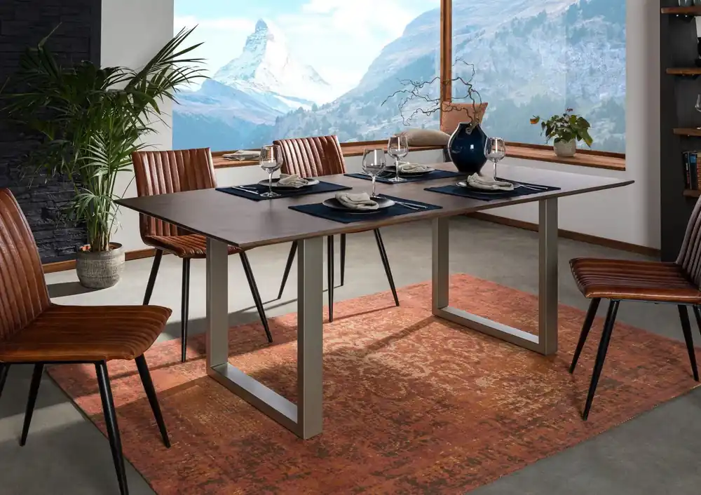 Nur Heute Esstisch Akazie 200x100 grau lackiert / U-Beine silber matt SWISS EDGE