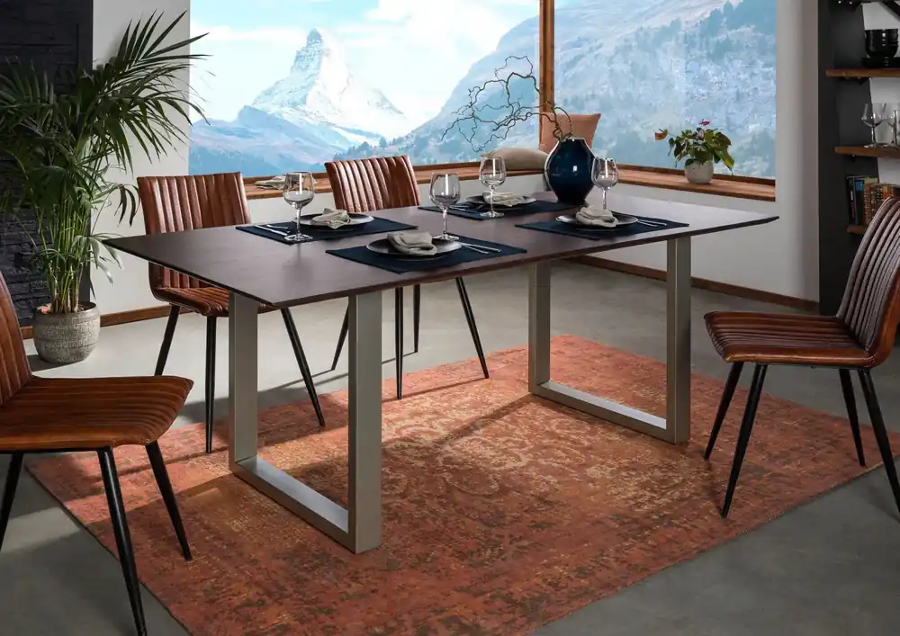 Esstisch Akazie 180x90 braun lackiert / U-Beine silber matt SWISS EDGE Beliebt