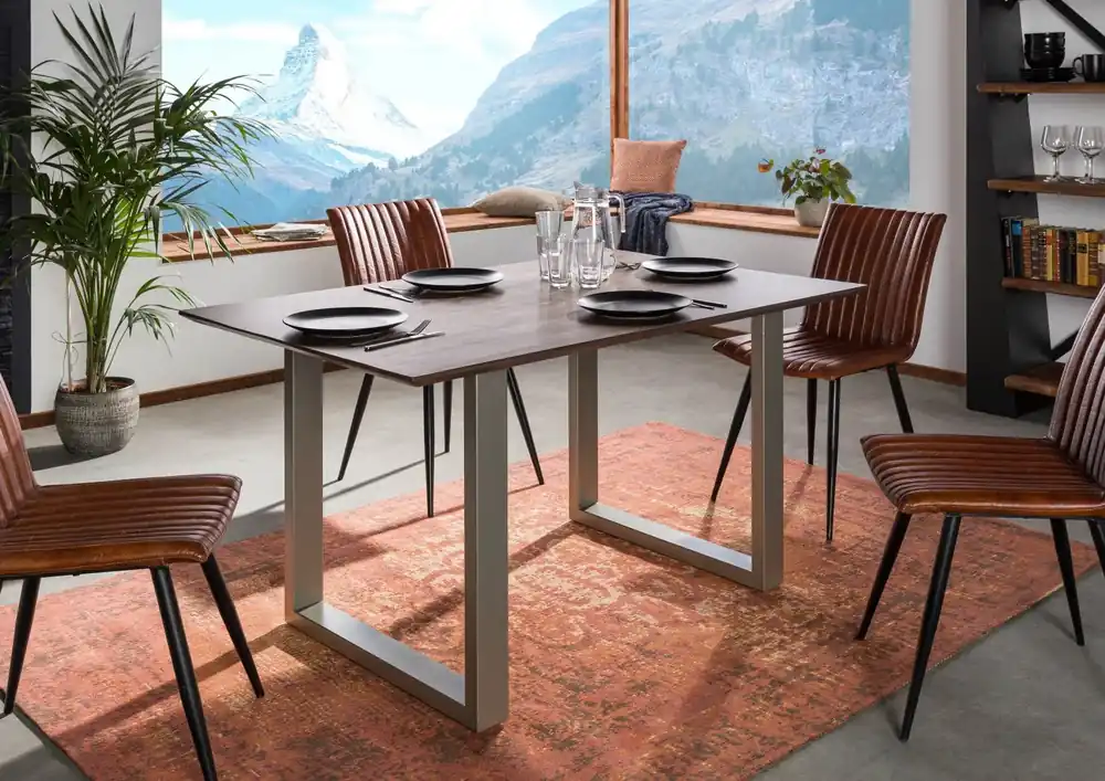 Esstisch Akazie 140x90 grau lackiert / U-Beine silber matt SWISS EDGE Neu Im Sortiment