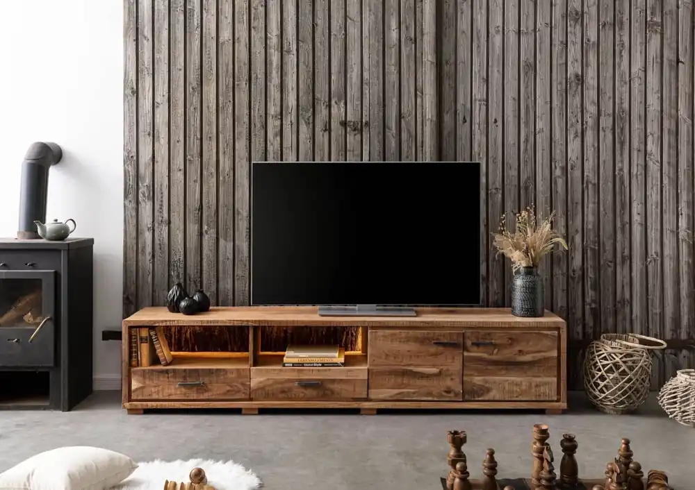 TV-Board Akazie 220x40x47 natur lackiert BARK #110 Heißes Angebot