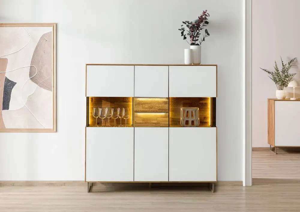 Nur Für Kurze Zeit Highboard Wildeiche 148x43x144 natur geölt / Glas weiß WIEN #126