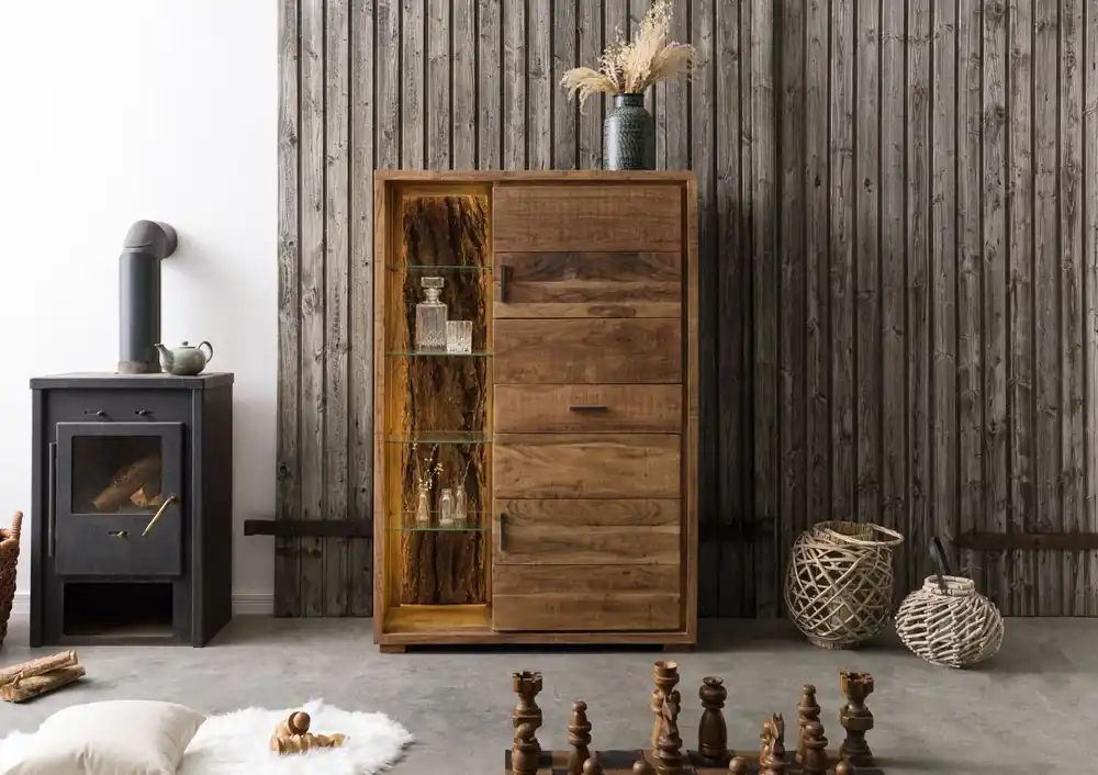 Geprüft Highboard Akazie 100x40x150 natur lackiert BARK #106