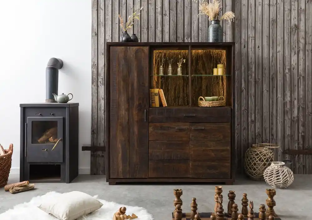 Sonderangebot Highboard Akazie 140x40x150 dunkelbraun lackiert BARK #215