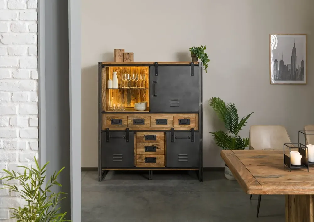 Top-Preis Highboard Mango / Altholz 140x45x160 natur lackiert / Metall grau BLACKBURN LUX #558