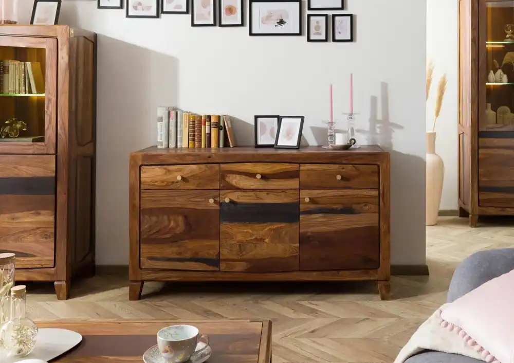 Billig Sideboard Sheesham 140x45x80 dunkelbraun lackiert ANCONA #222