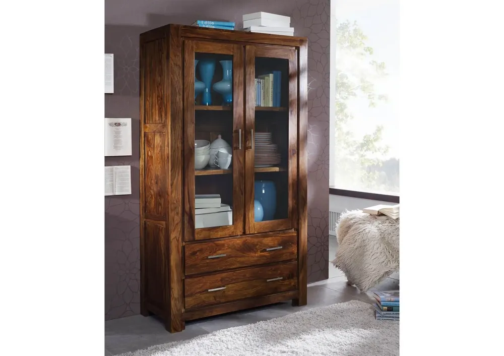 Vitrine Sheesham 100x45x180 braun lackiert METRO LIFE #101 Top-Preis