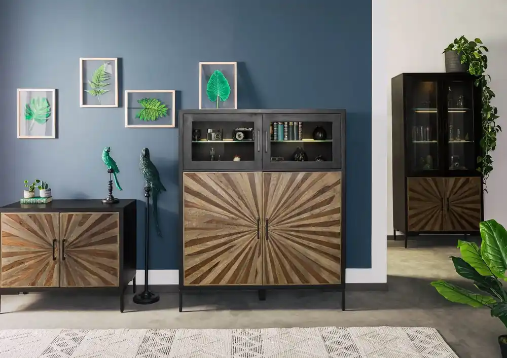 Schnäppchen Highboard Sheesham 120x45x145 schwarz lackiert SUN #103