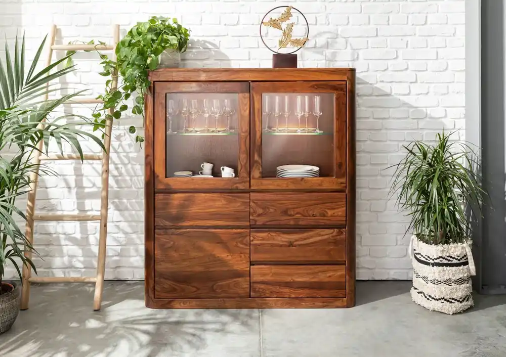 Wochenendangebot Highboard Sheesham 128x145x40 walnuss gewachst TORONTO #203
