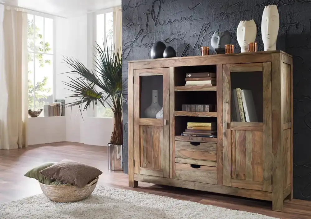 Mega-Angebot Highboard Sheesham 140x40x120 grau geölt NATURE GREY #63