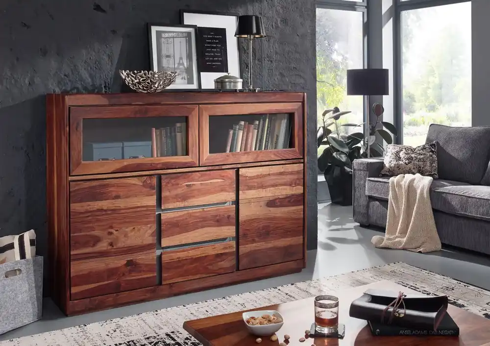Kracherpreis Highboard Sheesham 150x40x115 noble unique lackiert SYDNEY #103