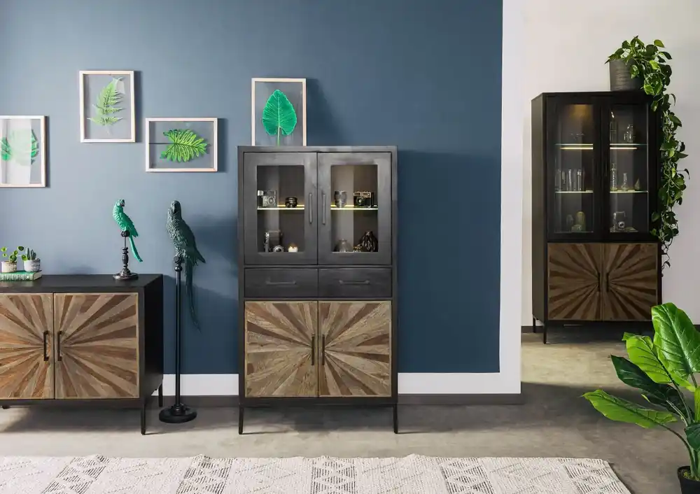 Highboard Sheesham 80x45x145 schwarz lackiert SUN #104 Online Kaufen
