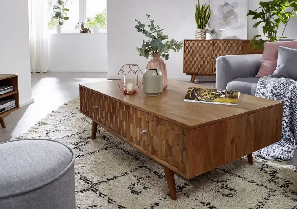 Schnäppchen Couchtisch Akazie 120x70x40 natur lackiert MOSAYK #103
