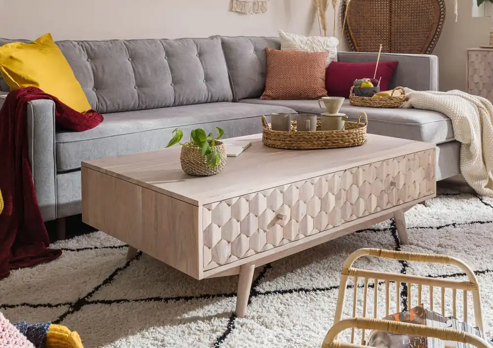 Couchtisch Akazie 120x70x40 weiß lackiert MOSAYK #203 Schneller Versand